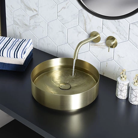 JTP Vos Brushed Brass Round Stainless Steel Counter Top Basin + Waste 1 JTP Vos Brushed Brass Round Stainless Steel Counter Top Basin + Waste