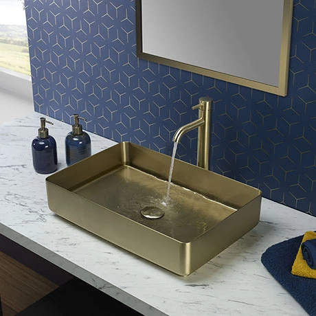 JTP Vos Brushed Brass Rectangular Stainless Steel Counter Top Basin + Waste 1 JTP Vos Brushed Brass Rectangular Stainless Steel Counter Top Basin + Waste