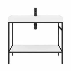 Arezzo 1000 Matt Black Framed Washstand with Gloss White Open Shelf and Basin -Cheap Basins Store AZ10BFPM n detail1 460