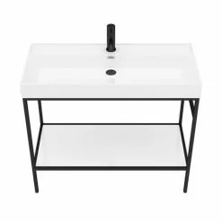Arezzo 1000 Matt Black Framed Washstand with Gloss White Open Shelf and Basin -Cheap Basins Store AZ10BFPM n detail2 460