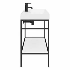 Arezzo 1000 Matt Black Framed Washstand with Gloss White Open Shelf and Basin -Cheap Basins Store AZ10BFPM n detail3 460