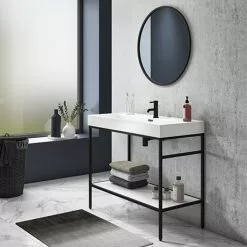 Arezzo 1000 Matt Black Framed Washstand with Gloss White Open Shelf and Basin