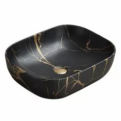 Arezzo 505 x 404mm Rectangular Counter Top Basin - Matt Black & Gold Marble Effect
