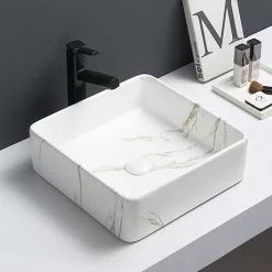 Arezzo 405 x 405mm Square Counter Top Basin - Matt White Marble Effect