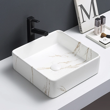 Arezzo 405 x 405mm Square Counter Top Basin - Matt White Marble Effect 1 Arezzo 405 x 405mm Square Counter Top Basin - Matt White Marble Effect