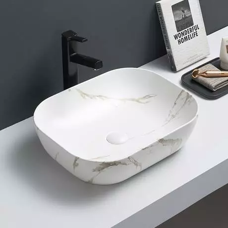 Arezzo 505 x 405mm Curved Rectangular Counter Top Basin - Matt White Marble Effect 2 Arezzo 505 x 405mm Curved Rectangular Counter Top Basin - Matt White Marble Effect - Image 2