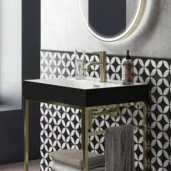 Arezzo 600 Brushed Brass Framed Washstand with Gloss White Open Shelf and Matt Black Basin -Cheap Basins Store AZ6BBFPM BLK d3 460