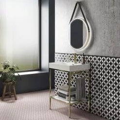 Arezzo 600 Brushed Brass Framed Washstand with Gloss White Open Shelf and Basin