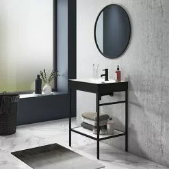 Arezzo 600 Matt Black Framed Washstand with Gloss White Open Shelf and Matt Black Basin