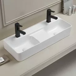 Arezzo Double Bowl Wall Mounted Basin - 810mm Wide - 1 Tap Hole per Bowl -Cheap Basins Store AZ78623 d2 460