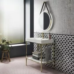 Arezzo 800 Brushed Brass Framed Washstand with Gloss White Open Shelf and Basin