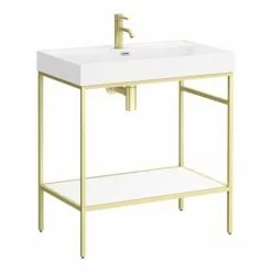 Arezzo 800 Brushed Brass Framed Washstand with Gloss White Open Shelf and Basin -Cheap Basins Store AZ8BBFPM D3 460