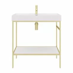 Arezzo 800 Brushed Brass Framed Washstand with Gloss White Open Shelf and Basin -Cheap Basins Store AZ8BBFPM n d3 460