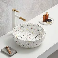 Arezzo White Terrazzo Effect Round Countertop Basin - 410mm Diameter