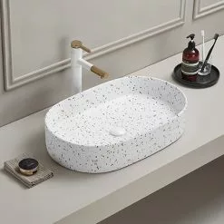 Arezzo 600 x 380mm White Terrazzo Effect Oval Countertop Basin