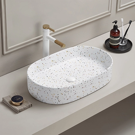 Arezzo 600 x 380mm White Terrazzo Effect Oval Countertop Basin 1 Arezzo 600 x 380mm White Terrazzo Effect Oval Countertop Basin
