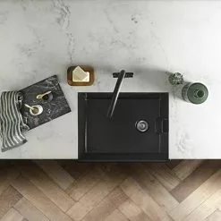 Rangemaster Grange Belfast Matt Black Ceramic Kitchen Sink inc. Basket Strainer Waste -Cheap Basins Store CGR595MB D2 460