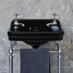 Burlington Jet Black Edwardian 2TH 51cm Cloakroom Basin & Chrome Wash Stand -Cheap Basins Store JET51ST D2 460