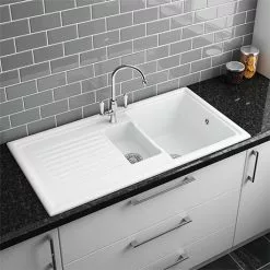 Reginox White Ceramic 1.5 Bowl Kitchen Sink - RL301CW