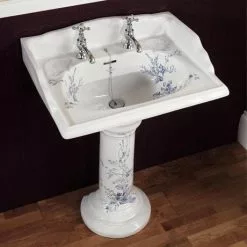 Silverdale Victorian Blue Garden Pattern 635mm Wide Basin with Full Pedestal