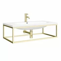 Venice 900mm Wall Hung Basin with Brushed Brass Towel Rail Frame inc. Tap + Bottle Trap