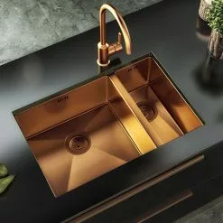 Cheap Basins Store 13 Venice 1.5 Bowl Brushed Copper Undermount Stainless Steel Kitchen Sink + Wastes