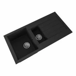 Venice 1.5 Bowl Matt Black Composite Kitchen Sink + Chrome Wastes -Cheap Basins Store VSNK061 D2 460